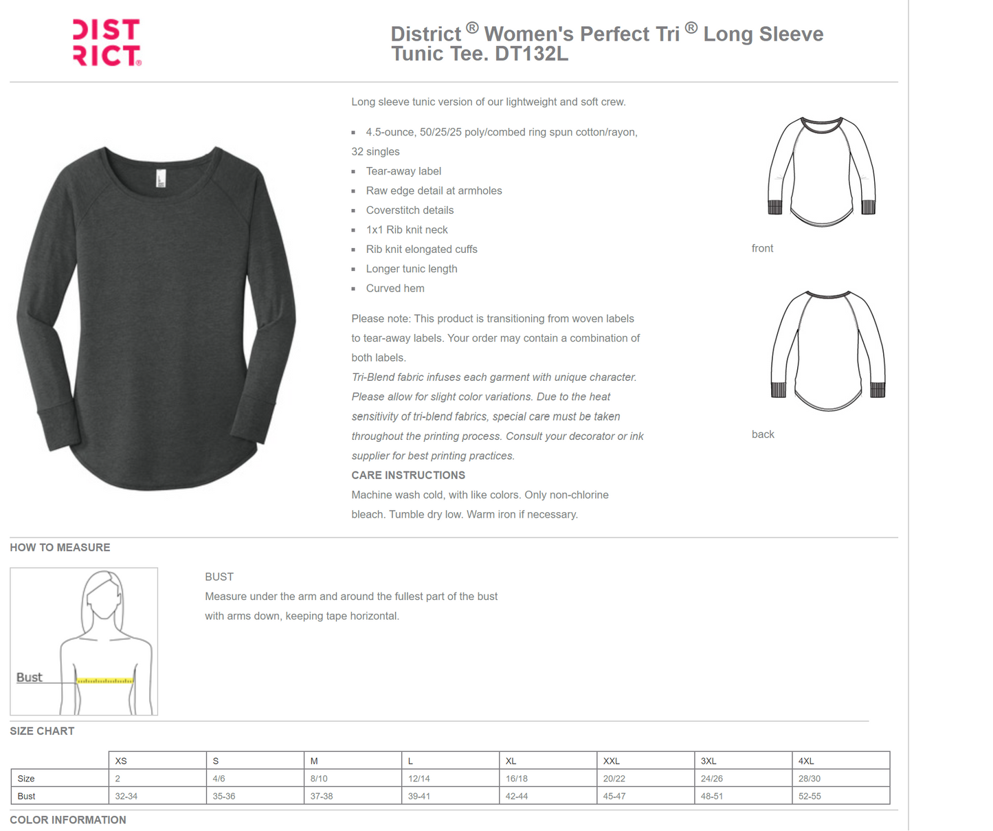 District DT132L Women's Perfect Tri Long Sleeve Tunic Tee